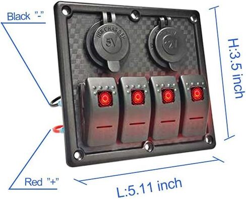 Gerguirry 4 عصابة الأحمر البحرية لوحة التبديل الروك مع الصمامات 12V / 24V شاحن USB مزدوج ومقبس الطاقة تبديل لوحة التبديل للماء للسيارة البحرية RV شاحنة قارب in Kuwait