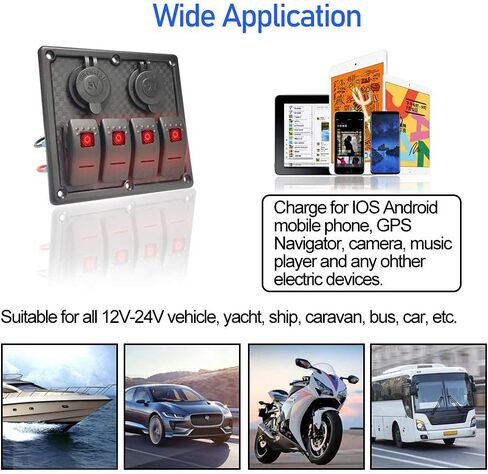 Gerguirry 4 عصابة الأحمر البحرية لوحة التبديل الروك مع الصمامات 12V / 24V شاحن USB مزدوج ومقبس الطاقة تبديل لوحة التبديل للماء للسيارة البحرية RV شاحنة قارب in Kuwait