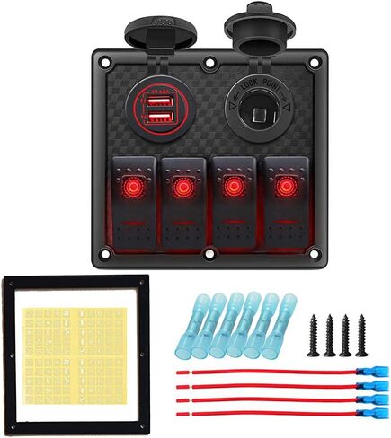 Gerguirry 4 عصابة الأحمر البحرية لوحة التبديل الروك مع الصمامات 12V / 24V شاحن USB مزدوج ومقبس الطاقة تبديل لوحة التبديل للماء للسيارة البحرية RV شاحنة قارب in Kuwait
