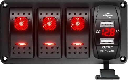 3 Gang Rocker Switch Aluminum Panel with Voltmeter & Dula USB Charger (4.8 Amp) 12V/24V DC Rocker Switch with Night Glow Stickers, Waterproof for Marine, Boat, Car, Truck, Jeep (Green) in Kuwait
