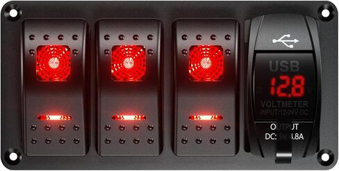 3 Gang Rocker Switch Aluminum Panel with Voltmeter & Dula USB Charger (4.8 Amp) 12V/24V DC Rocker Switch with Night Glow Stickers, Waterproof for Marine, Boat, Car, Truck, Jeep (Green) in Kuwait