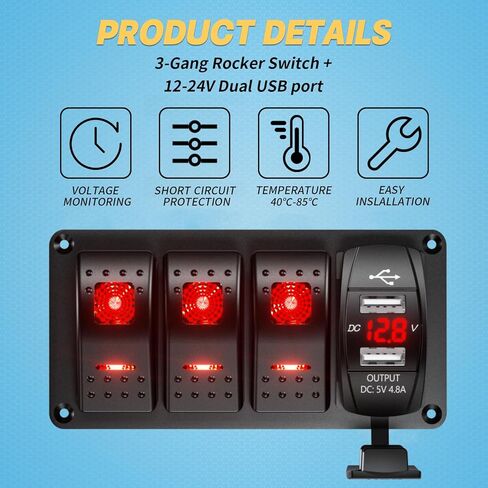 3 Gang Rocker Switch Aluminum Panel with Voltmeter & Dula USB Charger (4.8 Amp) 12V/24V DC Rocker Switch with Night Glow Stickers, Waterproof for Marine, Boat, Car, Truck, Jeep (Green) in Kuwait
