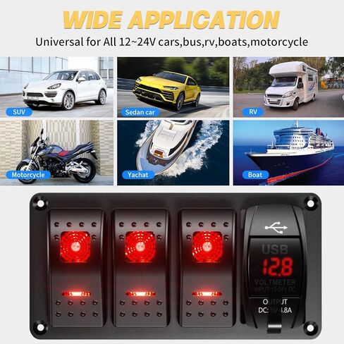3 Gang Rocker Switch Aluminum Panel with Voltmeter & Dula USB Charger (4.8 Amp) 12V/24V DC Rocker Switch with Night Glow Stickers, Waterproof for Marine, Boat, Car, Truck, Jeep (Green) in Kuwait
