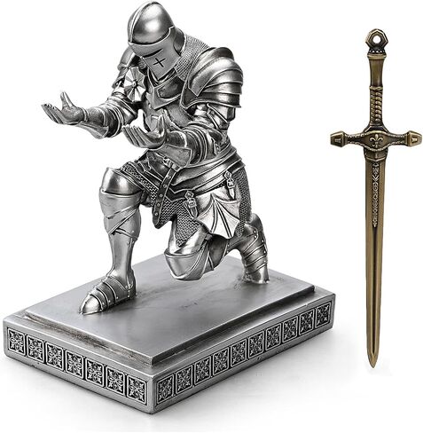 Medieval Armored Warrior Knight Pen Holder Desk Organizers and Accessories Resin Pencil Holder Paperweight as Gift with a Cool Letter Opener for Desk (Blue) in Kuwait