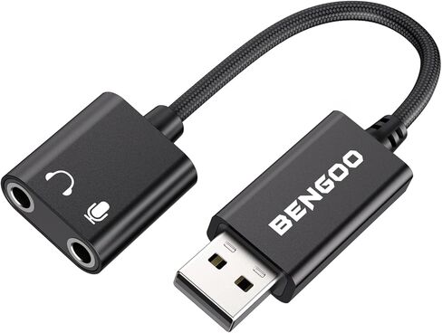 محول بطاقة صوت USB من BENGOO، محول صوت USB 3.5 مم جاك، بطاقة صوت خارجية مع سماعة رأس TRS مزدوجة ومقبس ميكروفون لأجهزة الكمبيوتر المحمول التي تعمل بنظام التشغيل Windows Mac Linux وأجهزة الكمبيوتر المكتبية وسماعات PS4، أسود in Kuwait