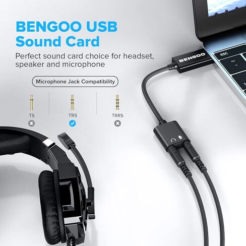 محول بطاقة صوت USB من BENGOO، محول صوت USB 3.5 مم جاك، بطاقة صوت خارجية مع سماعة رأس TRS مزدوجة ومقبس ميكروفون لأجهزة الكمبيوتر المحمول التي تعمل بنظام التشغيل Windows Mac Linux وأجهزة الكمبيوتر المكتبية وسماعات PS4، أسود in Kuwait