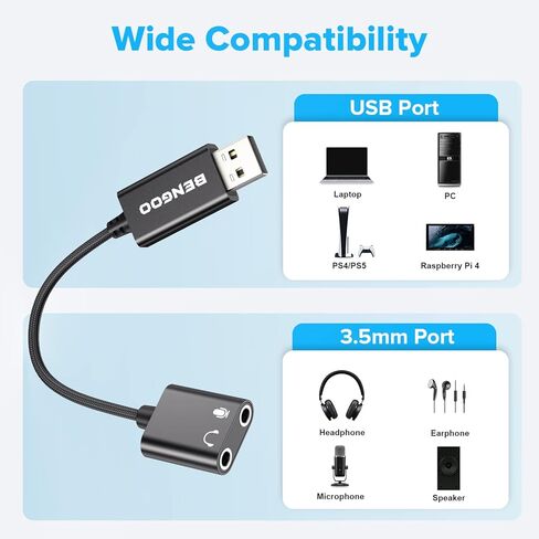 محول بطاقة صوت USB من BENGOO، محول صوت USB 3.5 مم جاك، بطاقة صوت خارجية مع سماعة رأس TRS مزدوجة ومقبس ميكروفون لأجهزة الكمبيوتر المحمول التي تعمل بنظام التشغيل Windows Mac Linux وأجهزة الكمبيوتر المكتبية وسماعات PS4، أسود in Kuwait