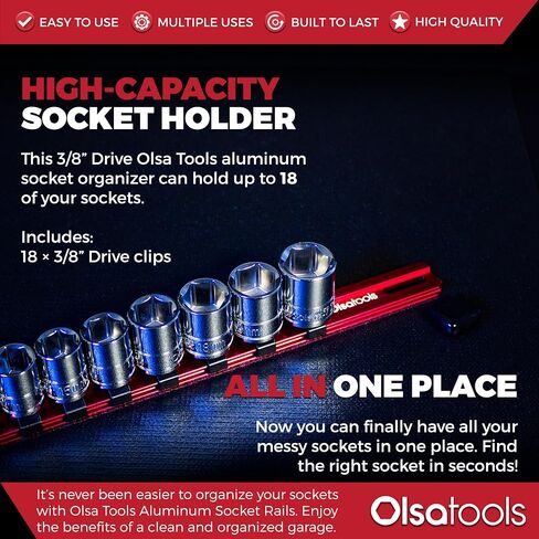 Olsa Tools Socket Organizer (1/2-Inch Drive, Black) - Socket Organizers for Mechanics - Socket Holder and Socket Rail - Holds 16 Chrome or Impact Sockets - Professional-Grade - Part: 1022 in Kuwait