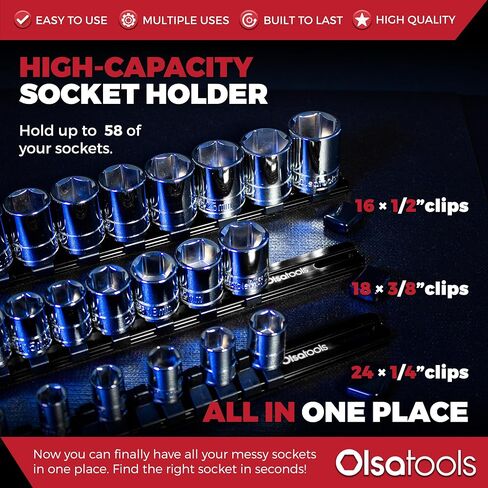 Olsa Tools Socket Organizer (1/2-Inch Drive, Black) - Socket Organizers for Mechanics - Socket Holder and Socket Rail - Holds 16 Chrome or Impact Sockets - Professional-Grade - Part: 1022 in Kuwait