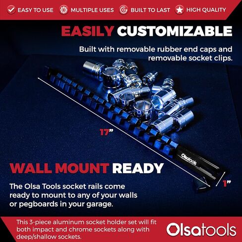 Olsa Tools Socket Organizer (1/2-Inch Drive, Black) - Socket Organizers for Mechanics - Socket Holder and Socket Rail - Holds 16 Chrome or Impact Sockets - Professional-Grade - Part: 1022 in Kuwait