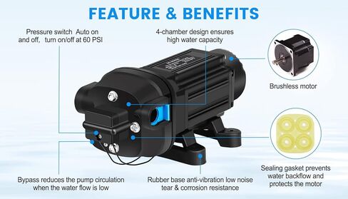مضخة غشاء لضغط المياه بدون فرشاة، 5.5 GPM 60 Psi RV مضخة مياه 12 فولت مع مفتاح ضغط، مضخة مياه عذبة ذاتية التحضير لحديقة يخت قارب RV in Kuwait