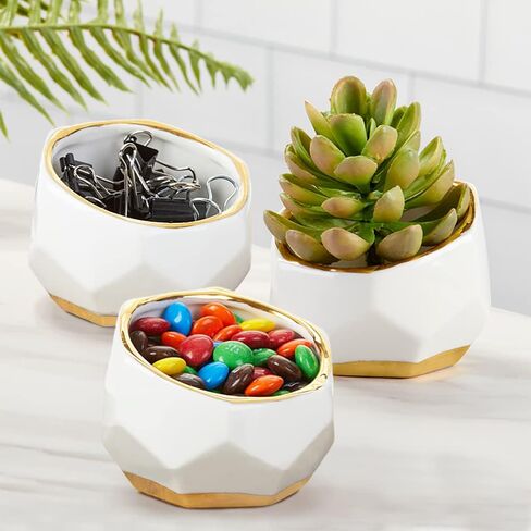 Kate Aspen Geometric Ceramic Planters, Mini Decorative Bowls (Set of 3) Small- Succulent Pots, Modern Decor, Shelf Decor, Desk, Table Décor, White in Saudi Arabia