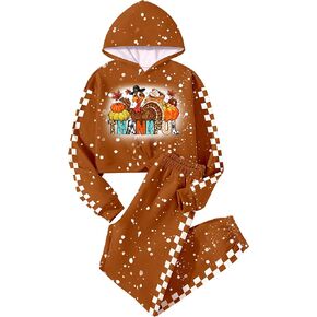 Girls' Clothing Sets, Girls Clothes Twist Cross Letter Printing Hooded Sweatshirt + Elastic Cuff Pants Plaid Set 7-16T