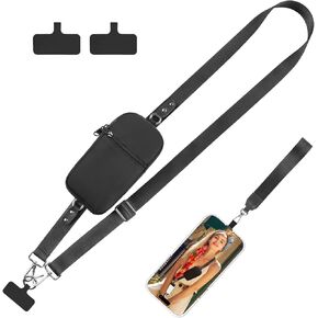Clip and Go Strap for Phone with Wallet Crossbody, Upgraded New Phone Strap with Zippered Pouch and Phone Wrist Strap, Adjustable Phone Strap Crossbody Compatible with All Phones (M) Black