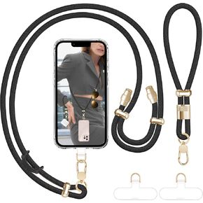 Cell Phone Lanyard Adjustable Crossbody Phone Lanyard *1 Phone Wrist Strap *1 with Deluxe Gold Matal Buckle + Clear Tether Tabs *2 for Shopping Travelling Hiking(DARK BLUE)
