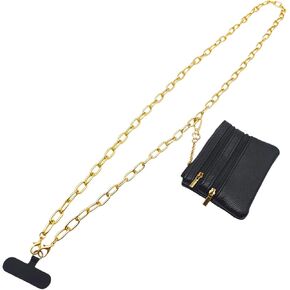 Clip and Go Strap for Phone with Wallet Crossbody, Stylish Gold Chain Phone Lanyard Strap Crossbody with Wallet Black Leather Zipper Pouch