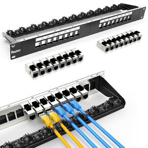 16 Port Shielded Fold Blank Keystone Patch Panel 19Inch with Cable Management and Support Bar with 16pcs Cat6A Keystone Jack