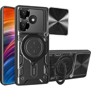Ysnzaq Armor Case for Xiaomi Redmi Turbo 3 /Poco F6 5G, Lens Sliding Phone Cover with Magnetic Coil Bracket for Xiaomi Redmi Turbo 3 /Poco F6 5G CQ Black