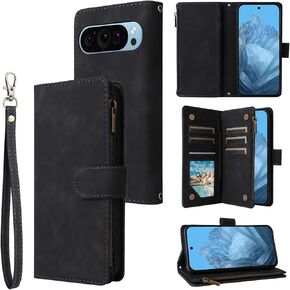 Miimall Cases Compatible with Google Pixel 9 Case with Card Slots, [Premium PU Leather& Secure Zipper Closure][Kickstand Function] Wristlet Full Body Shockproof Rugged Cover Case for Pixel 9, Brown