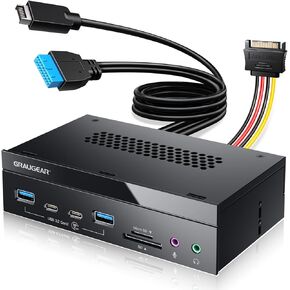 GRAUGEAR 5.25 Inch 10Gbps USB 3.2 PC Front Panel Card Reader with Audio Ports, SD/microSD Internal Card Reader, USB3.2 Type-E Key-A 20-Pin Header & USB3.0 Header & 15-Pin SATA Power Connector Required