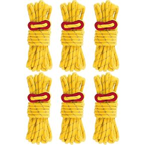 6 Pack 4mm Outdoor Guy Lines Reflective Tent Cords Lightweight Camping Rope with Aluminum Cord Adjuster Tensioner Pouch for Tent Tarp, Canopy Shelter, Camping, Hiking, Backpacking (Yellow)