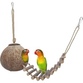 Niteangel Natural Coconut Hideaway with Ladder, Bird and Small Animal Toy (House with Ladder, Natural Surface)