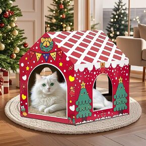 LUCKITTY Christmas Cardboard Cat House for Indoor Cats with Scratcher Pad, Xmas House Holiday Hideout Decorations