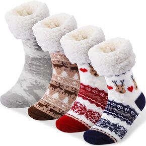 Suhine 4 Pairs Christmas Women's Fuzzy Slipper Socks Christmas Slipper Socks Thick Warm Xmas Slipper Socks for Christmas Presents, Winter Party Supplies