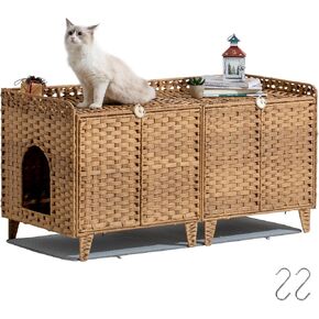 Cat Litter Box Enclosure for 2 Cats, Double Cat Litter Box Enclosure with Cat Litter Mat, Large Hidden Kitty Litter Furniture with Double Room, Handwoven Rattan Cat House with Door Natural