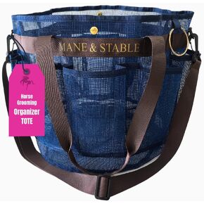 حقيبة العناية بالحصان MANE & STABLE - حقيبة تنظيم فرشاة الحصان الشبكية الكبيرة مع 8 جيوب لمستلزمات الحصان. أزرق ملكي/بني شوكولاتة