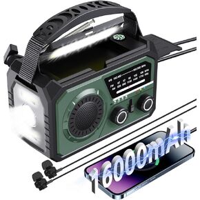 16000mAh Emergency Weather Radio, AM/FM/NOAA Weather Alert Radio Hand Crank/Solar/Type-C Fast Rechargeable Outdoor Radio with Reading Lamp/SOS Alarm/3 Mode Flashlight/Power Bank (Red)