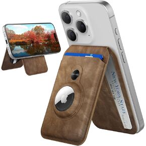 Magnetic Wallet for iphone,Magsafe Wallet Stand with Airtag Holder,Adjustable Stand for iPhone 15/14/13/12,3 Card Holder, Vegan Leather, RFID Blocking (PRO, Brown)