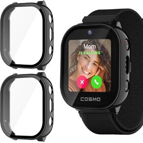 Case Compatible with Cosmo JrTrack 3 and JrTrack 4 Kids Smart Watch, 2-Pack Hard PC Cover HD Tempered Glass Screen Protector Case Anti-scratch Shell for JrTrack 3 & JrTrack 4 (Black+Black)