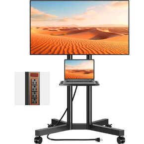 TVON Rolling TV Stand with Power Outlet for 32-70 Inch LCD LED OLED Flat Curved Screen TVs up to 88 lbs, Portable TV Stand on Wheels and Height Adjustment Max VESA 400x400mm