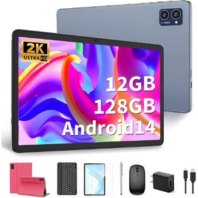 Tablet Android 14 Tablets, Tablet with 12GB RAM+128 Storage(Expand to 1TB), Octa-Core, 2K 1920x 1200 Display, 13MP Dual Camera, 6000mAh, Tablet with Keyboard 5G/2.4G WiFi,GPS,Bluetooth 5.0(Pink)