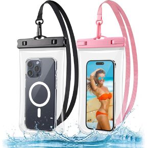 Waterproof Phone Pouch 2 Pack - [3D Clear Soft Edges] [Thick Phone Case Friendly] Waterproof Phone Case - IPX8 Cellphone Dry Bag Beach Essentials for iPhone Galaxy Pixel [Up to 8.5" ]- Black+Pink