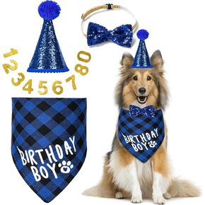 Dog Birthday Party Supplies, Dog Birthday Decorations with Birthday Boy Dog Bandanas/Dog Cat Birthday Hat/Dog Bow Tie/Collar with 0-8 Numbers, for Medium Small Dogs Pets (Large, Blue)