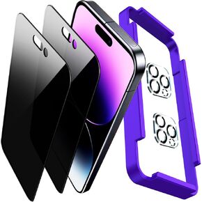 2 Pack 360° Privacy Screen Protector for iPhone 14 Pro Max, with 2 Pack Tempered Glass Camera Lens Protector Accessories, Case Friendly, 4 way Privacy Glass for iPhone 14 Pro Max 6.7"