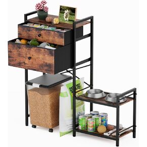 Elevated Dog Bowls,8 Heights Adjustable Dog Storage Organizer Shelves with Toy Double Drawer,Dog Food Storage Cabinet for Medium Large Dogs,Elevated Dog Bowls with Storage,Rustic Wood Brown