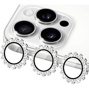 LUVI Compatible with iPhone 16 Pro Max / 16 pro Bling Camera Lens Protector Gear Design Diamond Individual Ring 9H Tempered Glass Clear Decorative Camera Cover Anti Scratch -Silver