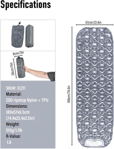iClimb Ultralight Compact Sleeping Pad with Built-in Pump Inflatable Portable Air Mattress for Camping Backpacking Hiking (Silver) in Kuwait