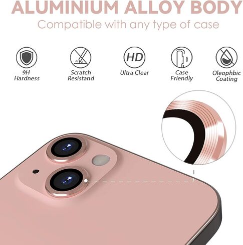 CloudValley Camera Lens Protector Designed for iPhone 13/13 Mini, Tempered Glass Protective Film, Aluminum Alloy Camera Lens Cover, Pink in Kuwait