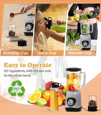 Personal Blender for Shakes and Smoothies, Portable Blender and Grinder Combo with No-BPA 34oz Blender Cup, 20oz To-Go Cup & Spout Lids, 5oz Grinding Cup for Shakes, Frozen Drinks, Sauces, 10-Piece in Saudi Arabia