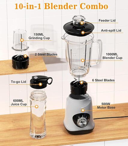 Personal Blender for Shakes and Smoothies, Portable Blender and Grinder Combo with No-BPA 34oz Blender Cup, 20oz To-Go Cup & Spout Lids, 5oz Grinding Cup for Shakes, Frozen Drinks, Sauces, 10-Piece in Saudi Arabia