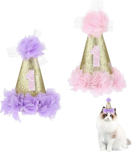 1st Cat Birthday Hat, 2 Pieces Dog Birthday Hat Cute Cat Happy Birthday Party Hat Adjustable Dog Headband Crown Dog First Birthday Party Hats with Flowers for Small Medium Large Dogs Cats Puppy Pets in Saudi Arabia