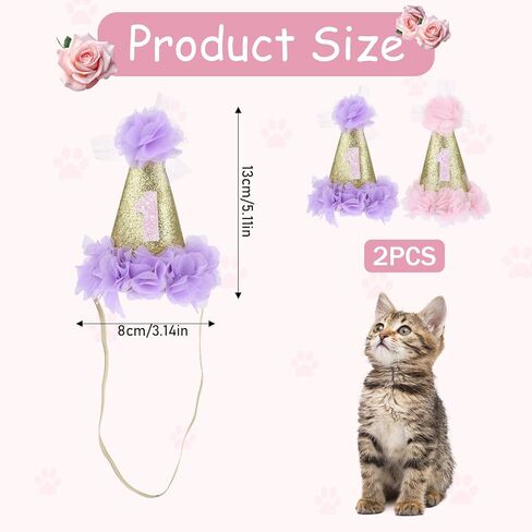 1st Cat Birthday Hat, 2 Pieces Dog Birthday Hat Cute Cat Happy Birthday Party Hat Adjustable Dog Headband Crown Dog First Birthday Party Hats with Flowers for Small Medium Large Dogs Cats Puppy Pets in Saudi Arabia
