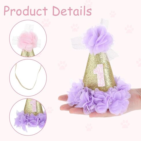 1st Cat Birthday Hat, 2 Pieces Dog Birthday Hat Cute Cat Happy Birthday Party Hat Adjustable Dog Headband Crown Dog First Birthday Party Hats with Flowers for Small Medium Large Dogs Cats Puppy Pets in Saudi Arabia