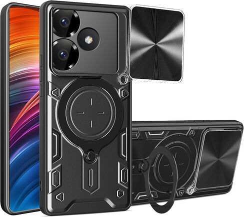 Ysnzaq Armor Case for Xiaomi Redmi Turbo 3 /Poco F6 5G, Lens Sliding Phone Cover with Magnetic Coil Bracket for Xiaomi Redmi Turbo 3 /Poco F6 5G CQ Black in Kuwait
