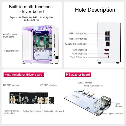 Yahboom RPi 5 Case,Micro Desktop Aluminum Case with Pi5 Active Cooler,PWM Fan, RGB Lightint Bar,Mini Tower PC Case,OLED Display in Kuwait