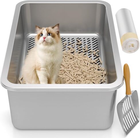 Stainless Steel Sifting Litter Box,Sifting Cat Litter Box for Wood Pine Pellets,Medium Sifter Litter Pan System for Kittens,Odor Control,Easy to Clean,with Sifting Litter Box Liners and Metal Scoop in Saudi Arabia